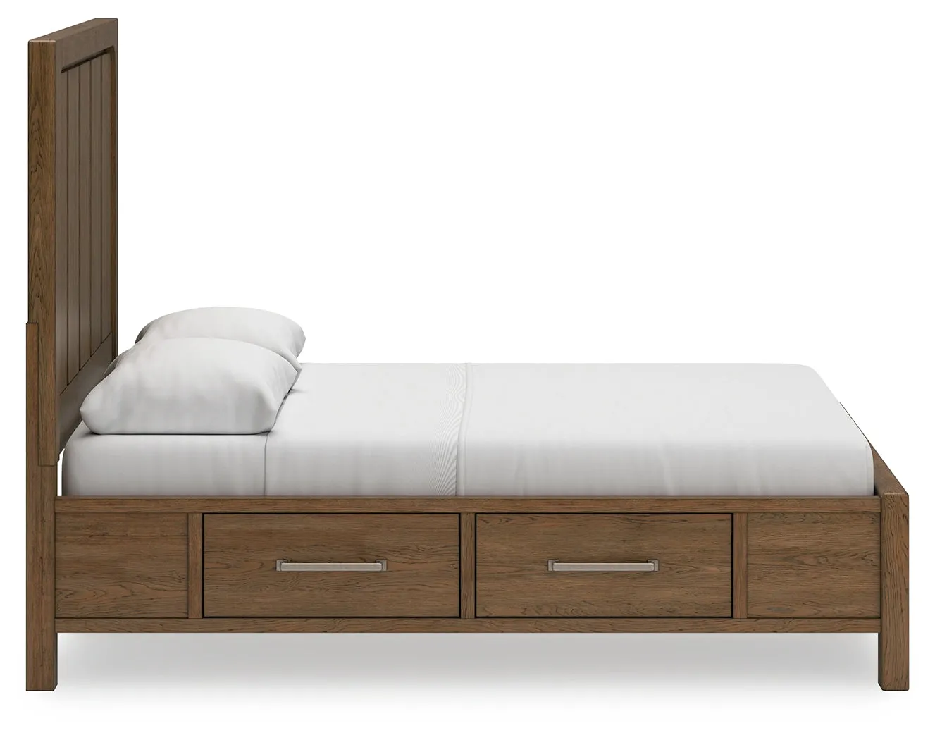 Cabalynn Queen Panel Bed with Storage with Mirrored Dresser and Chest in Light Brown