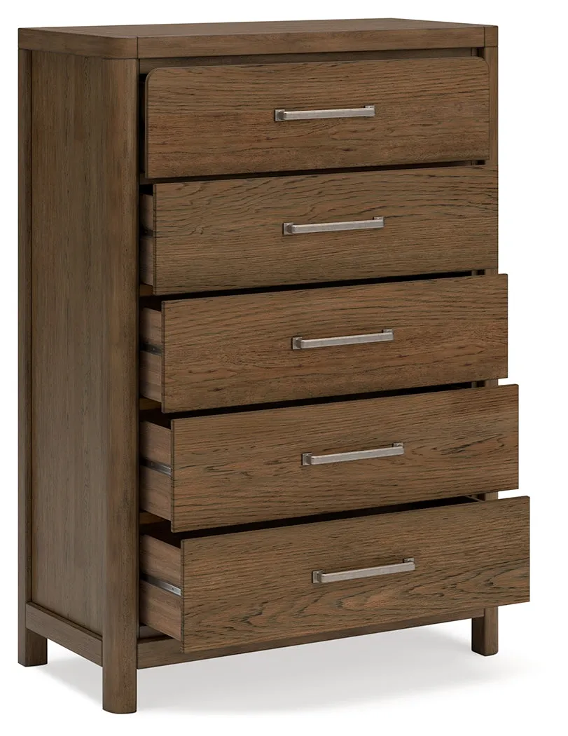 Cabalynn Queen Panel Bed with Storage with Mirrored Dresser and Chest in Light Brown