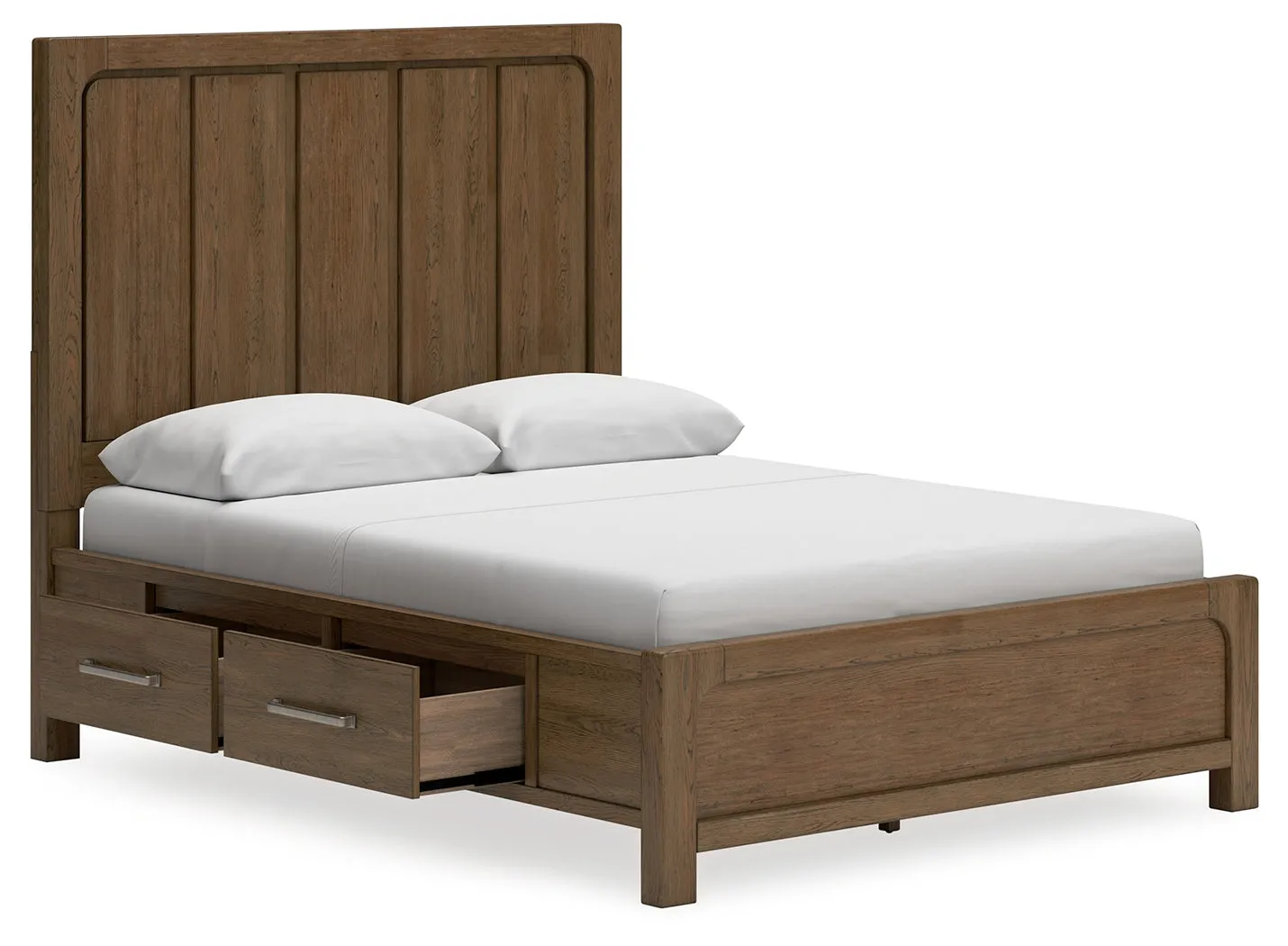 Cabalynn Queen Panel Bed with Storage with Mirrored Dresser and Chest in Light Brown