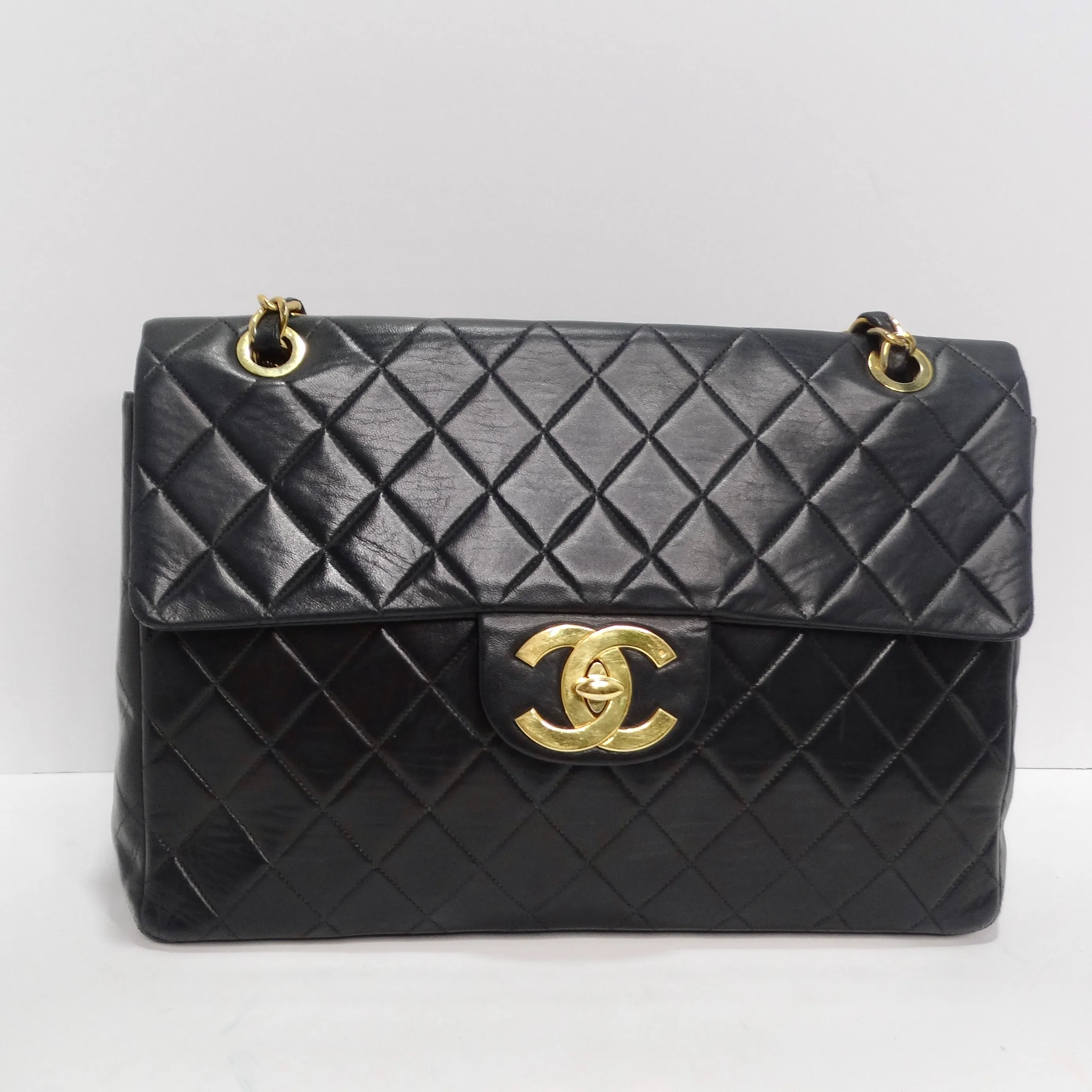 Chanel 1980s Classic Black Leather Maxi Single Flap Handbag