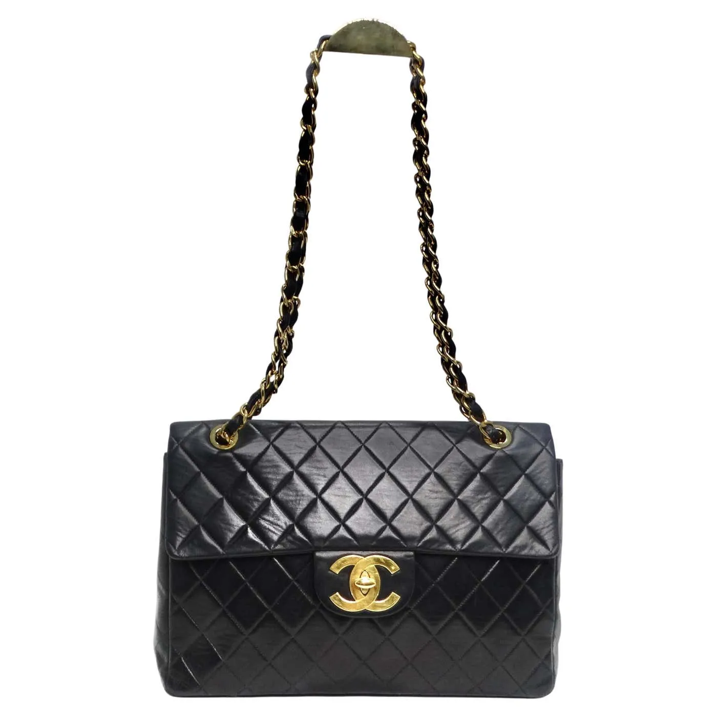 Chanel 1980s Classic Black Leather Maxi Single Flap Handbag