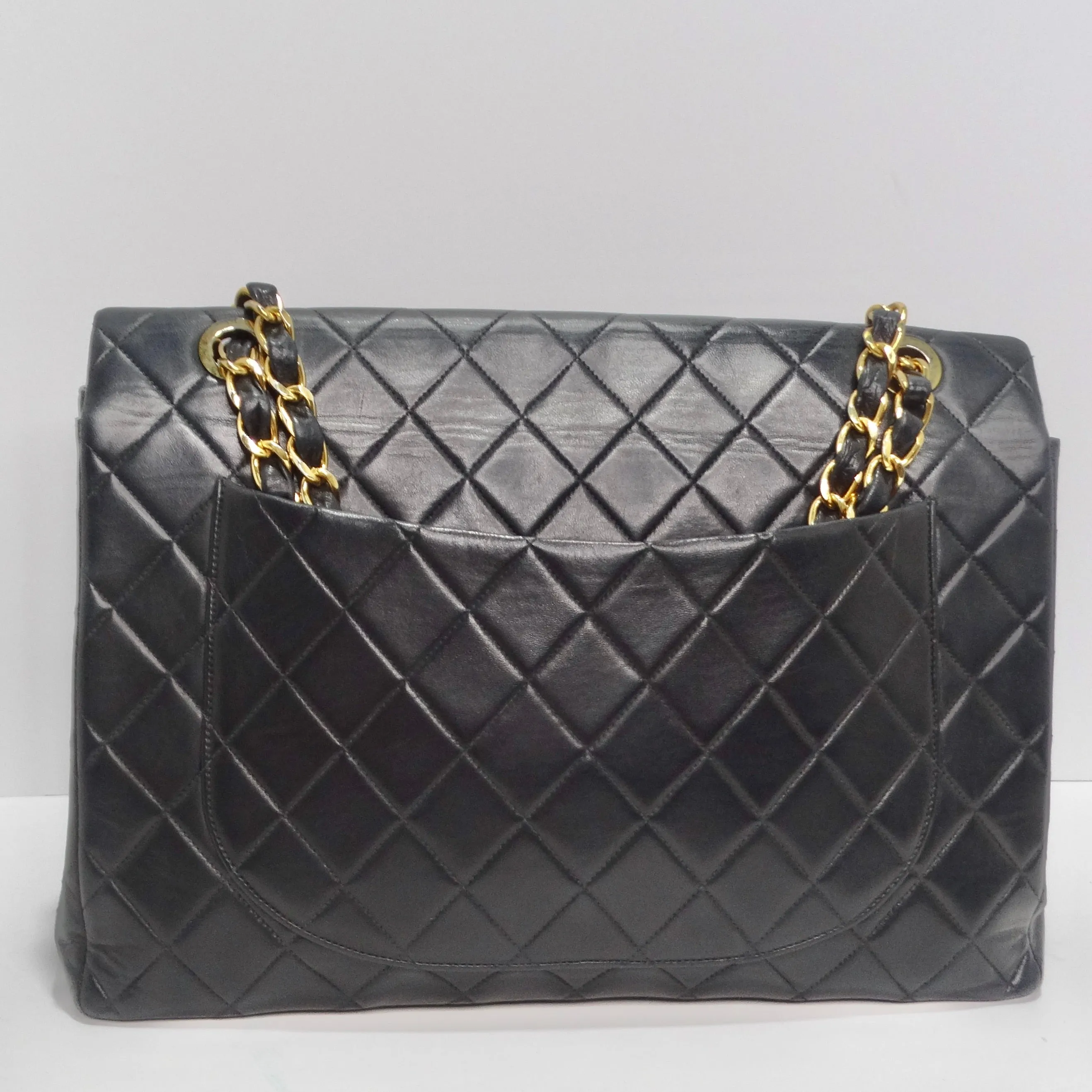 Chanel 1980s Classic Black Leather Maxi Single Flap Handbag