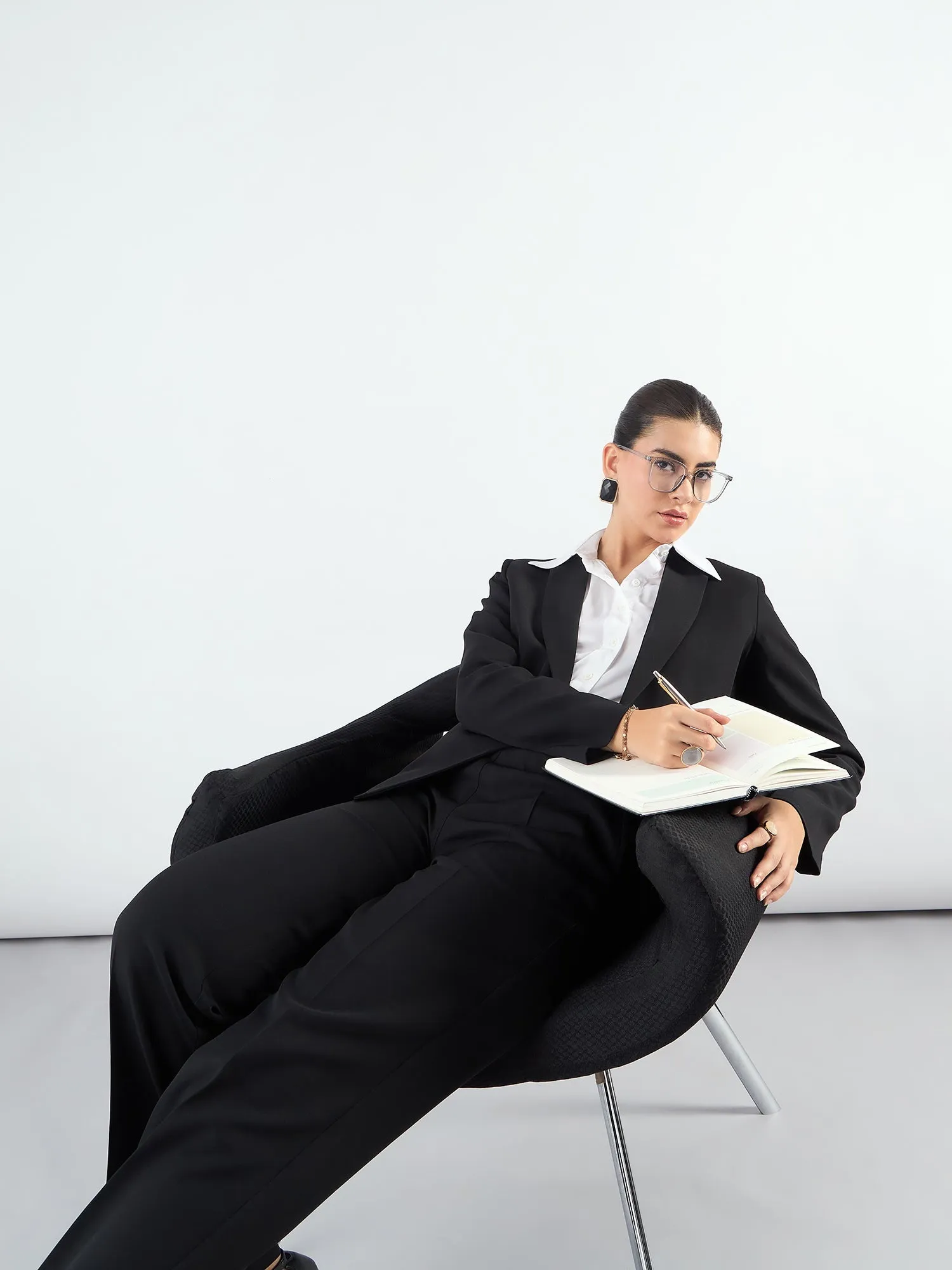 Chic Black Poly Viscose Asymmetric Blazer Styled & Trouser