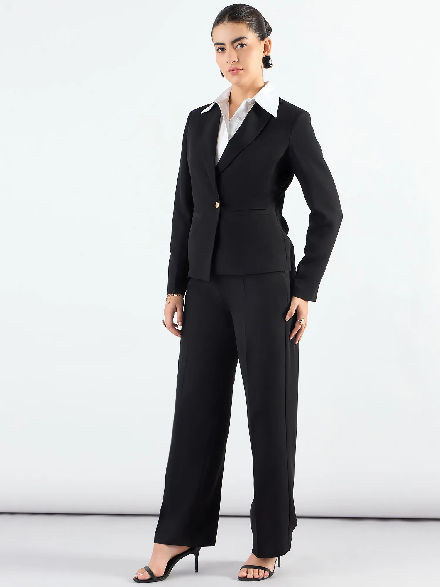 Chic Black Poly Viscose Asymmetric Blazer Styled & Trouser