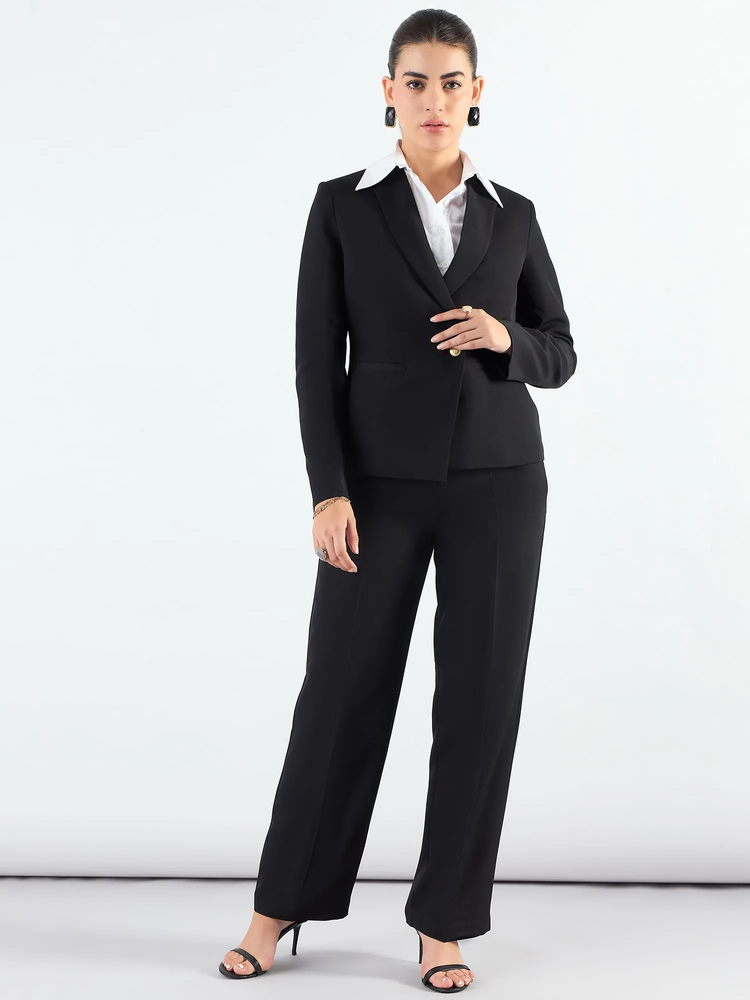 Chic Black Poly Viscose Asymmetric Blazer Styled & Trouser