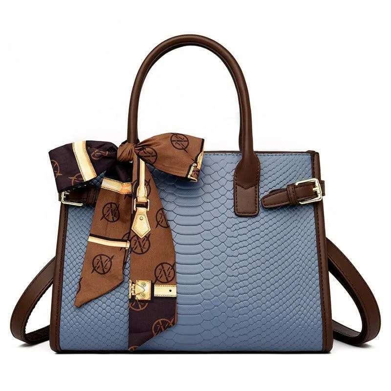 Cream Handbag with Brown Trim and Genuine Leather Snakeskin Pattern