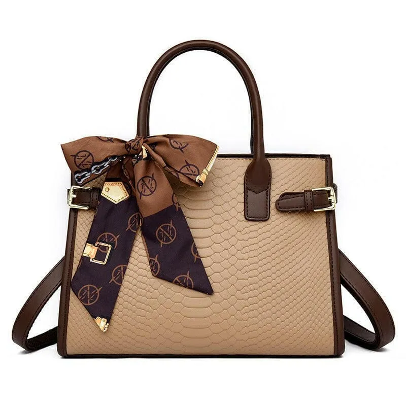 Cream Handbag with Brown Trim and Genuine Leather Snakeskin Pattern