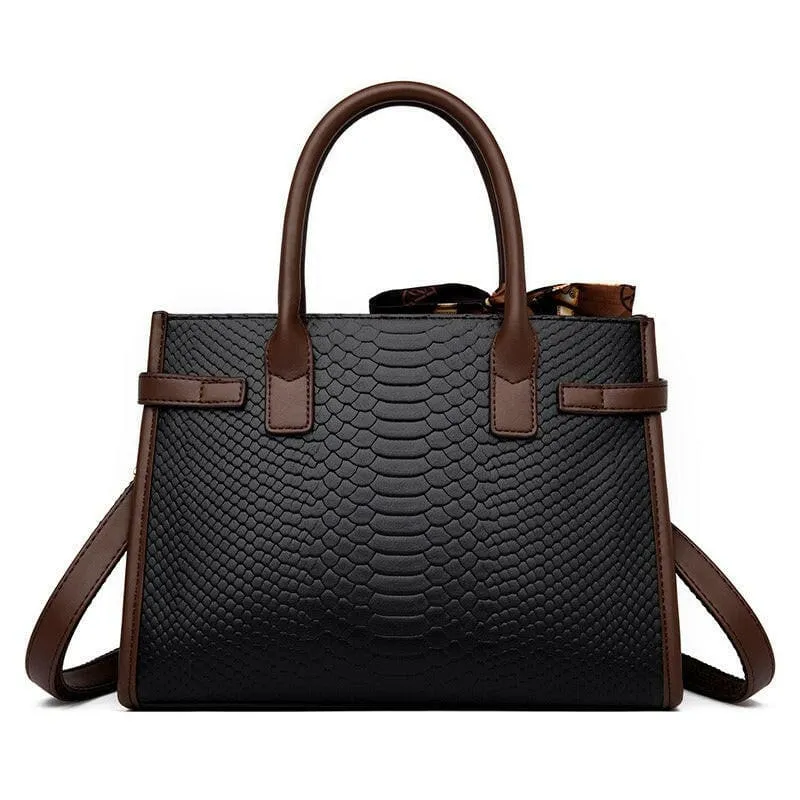 Cream Handbag with Brown Trim and Genuine Leather Snakeskin Pattern