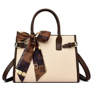 Cream Handbag with Brown Trim and Genuine Leather Snakeskin Pattern