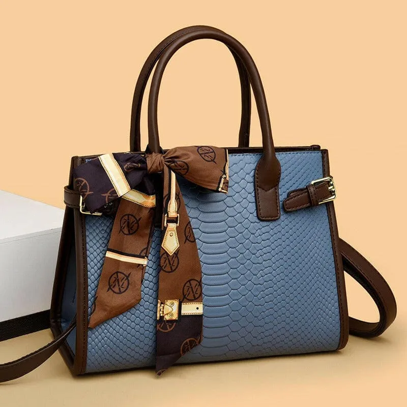 Cream Handbag with Brown Trim and Genuine Leather Snakeskin Pattern