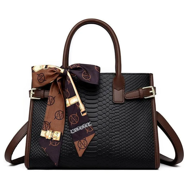 Cream Handbag with Brown Trim and Genuine Leather Snakeskin Pattern