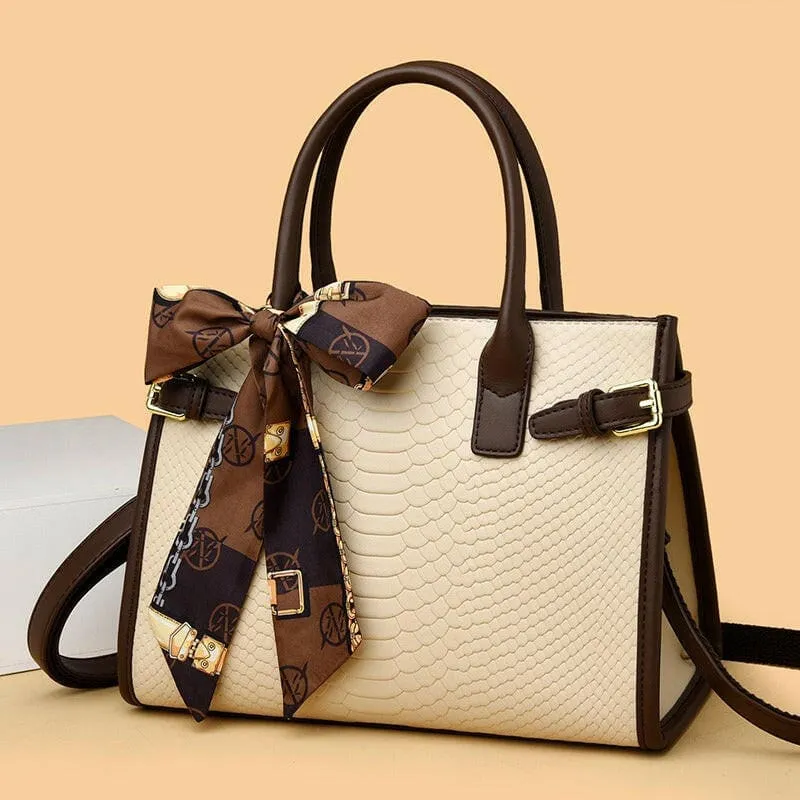 Cream Handbag with Brown Trim and Genuine Leather Snakeskin Pattern