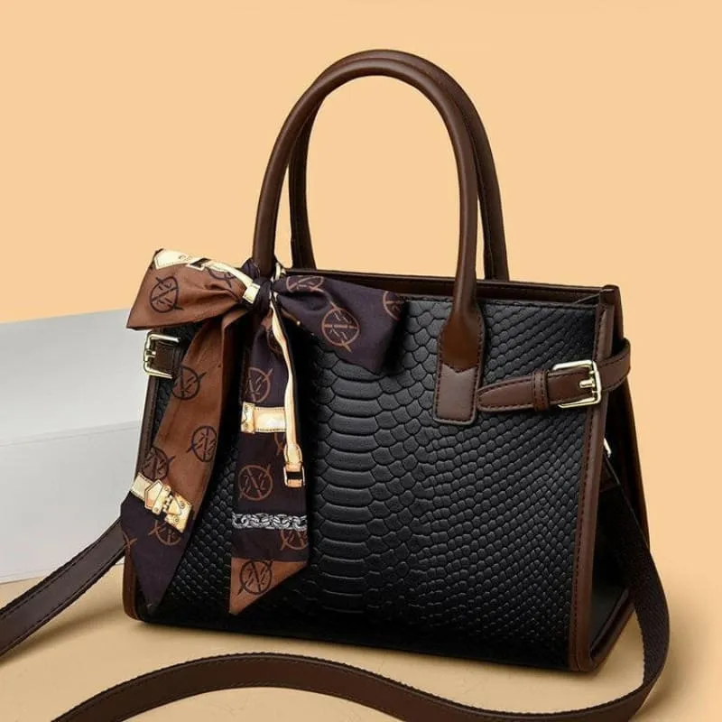 Cream Handbag with Brown Trim and Genuine Leather Snakeskin Pattern
