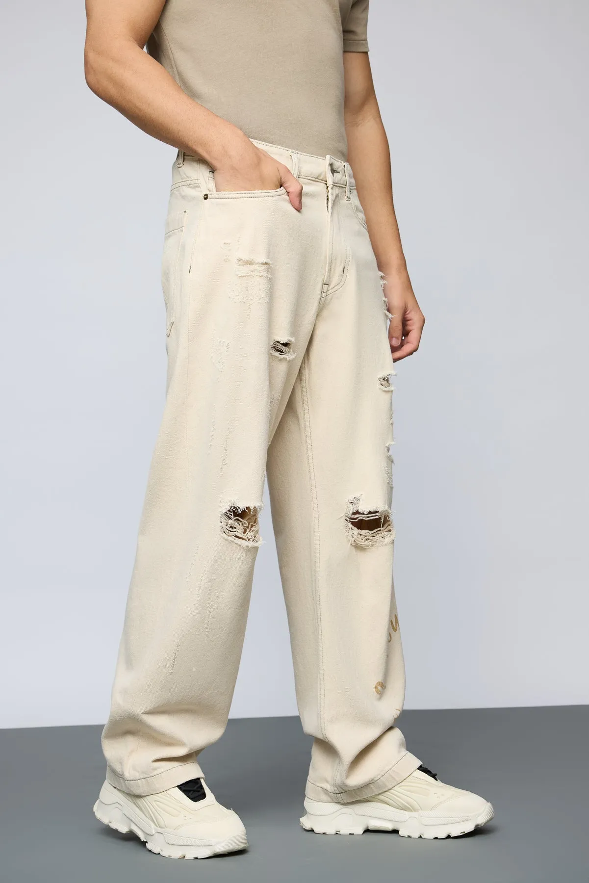 Ecru Escape Distressed Men's Straight Jeans