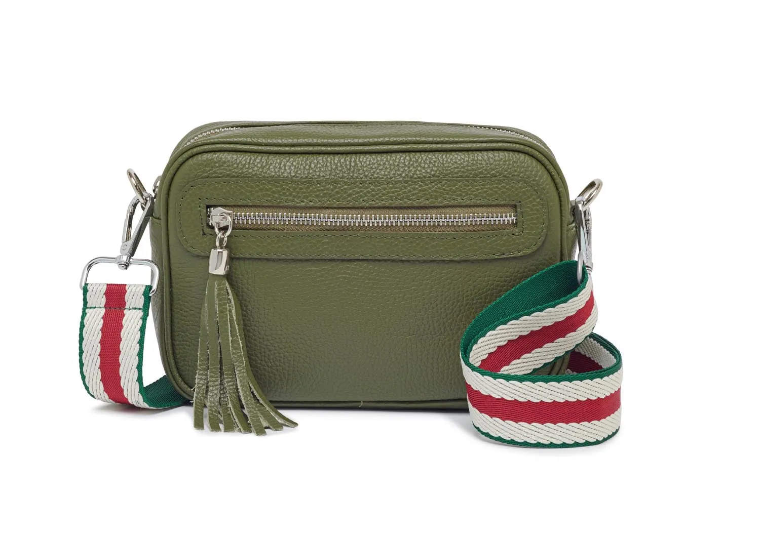 Florence - Crossbody Bag in Olive with Green Stripe Strap