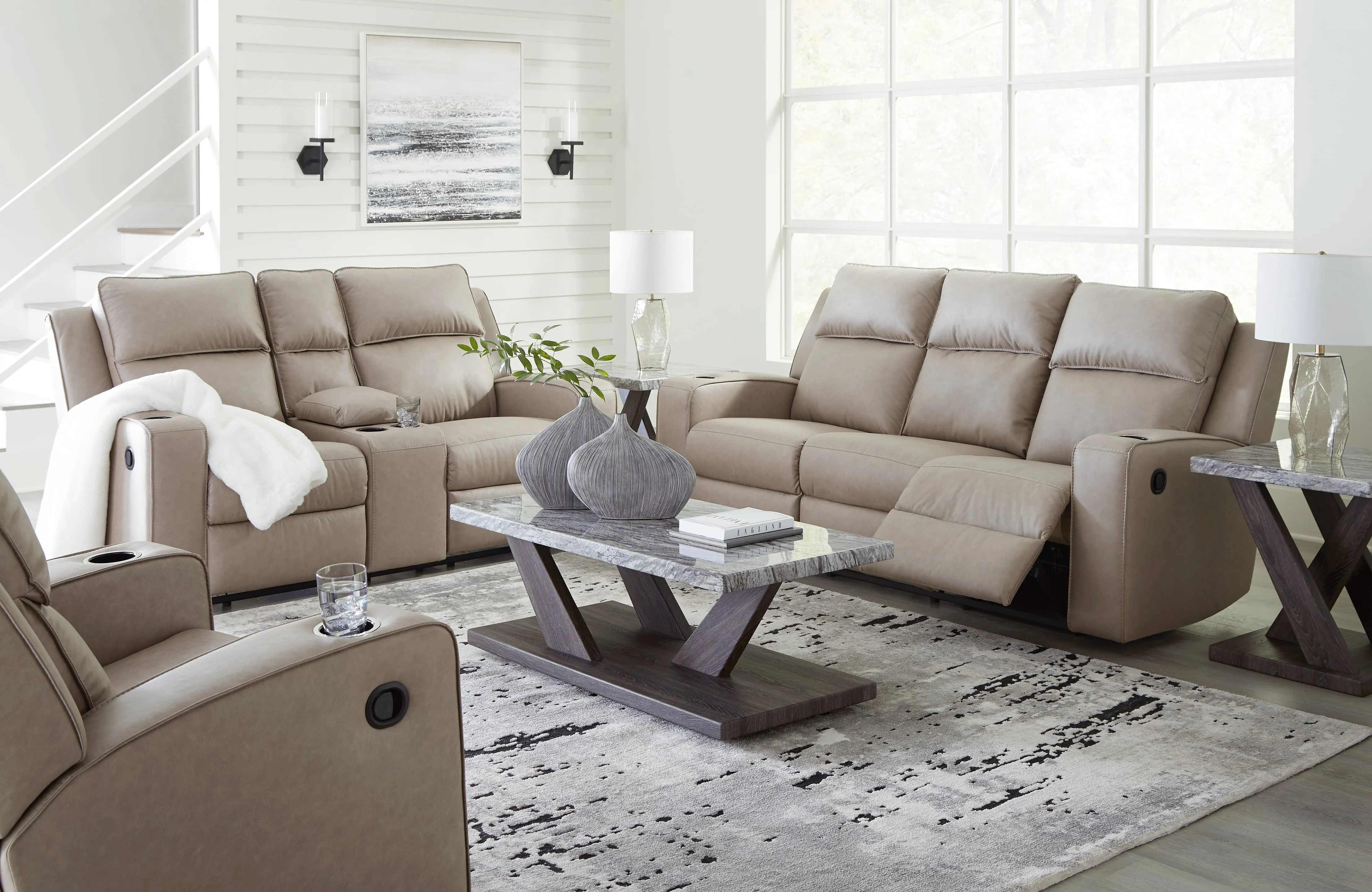Lavenhorne Sofa, Loveseat and Recliner in Pebble