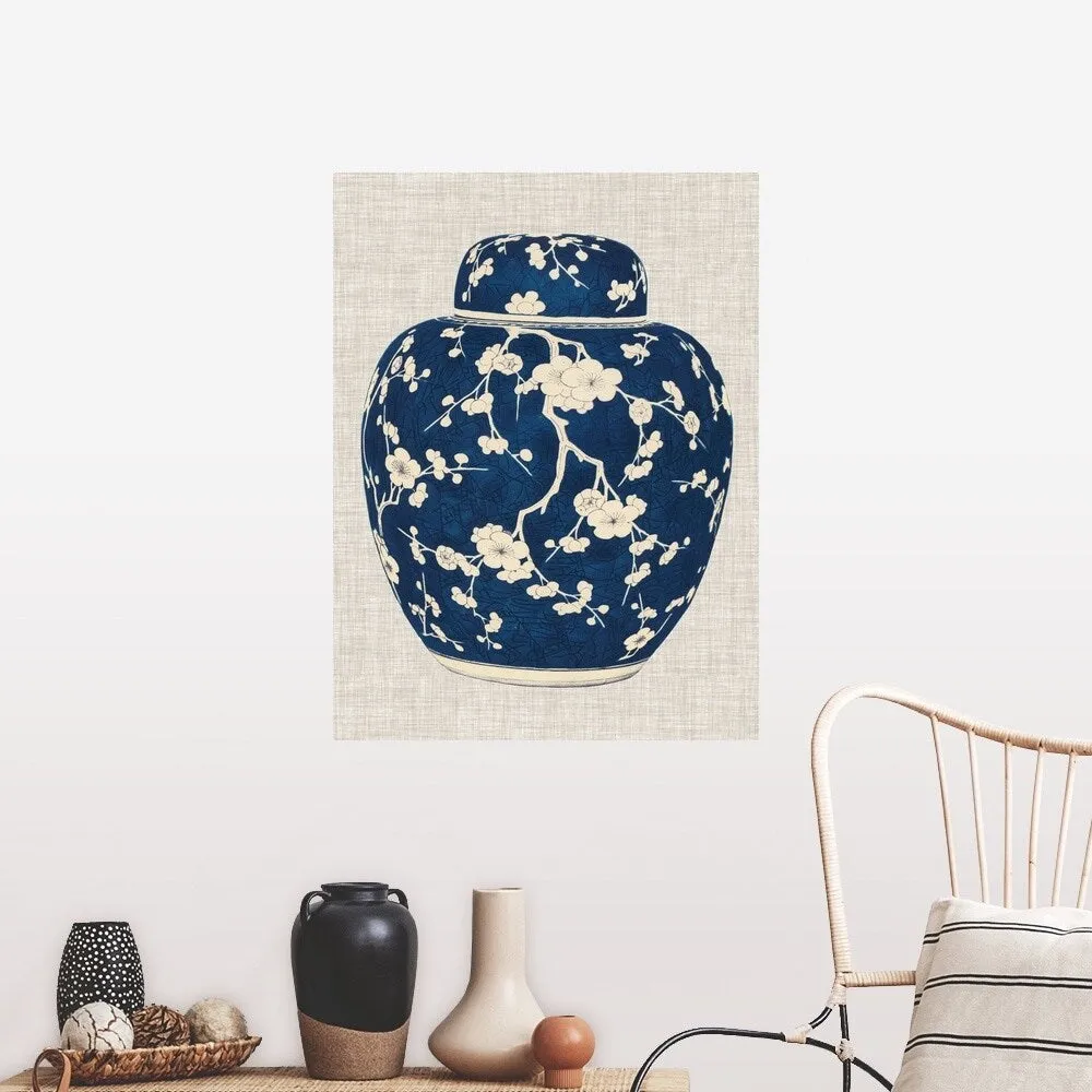 "Blue and White Ginger Jar on Linen II" Poster Print