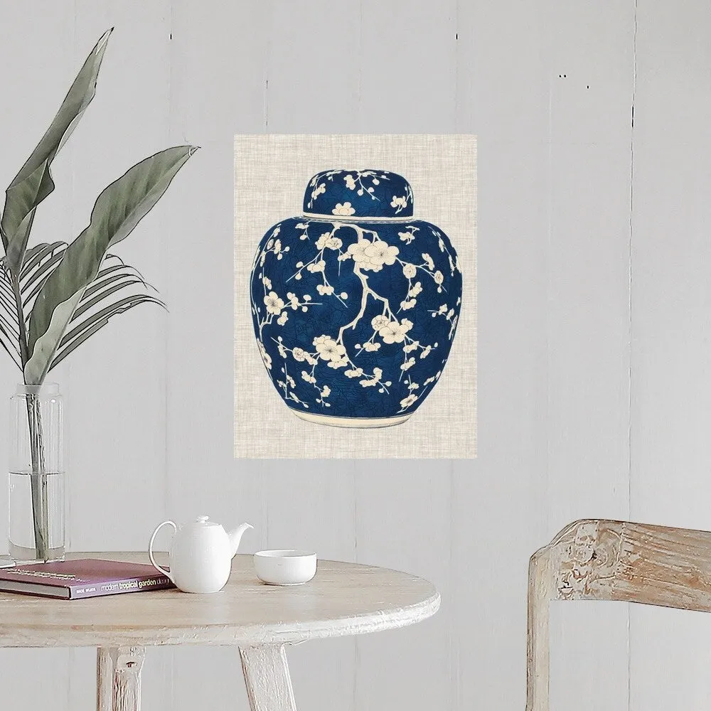 "Blue and White Ginger Jar on Linen II" Poster Print