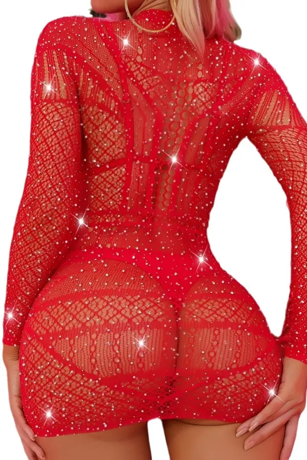 Red Long Sleeve Rhinestone Fishnet Mini Dress