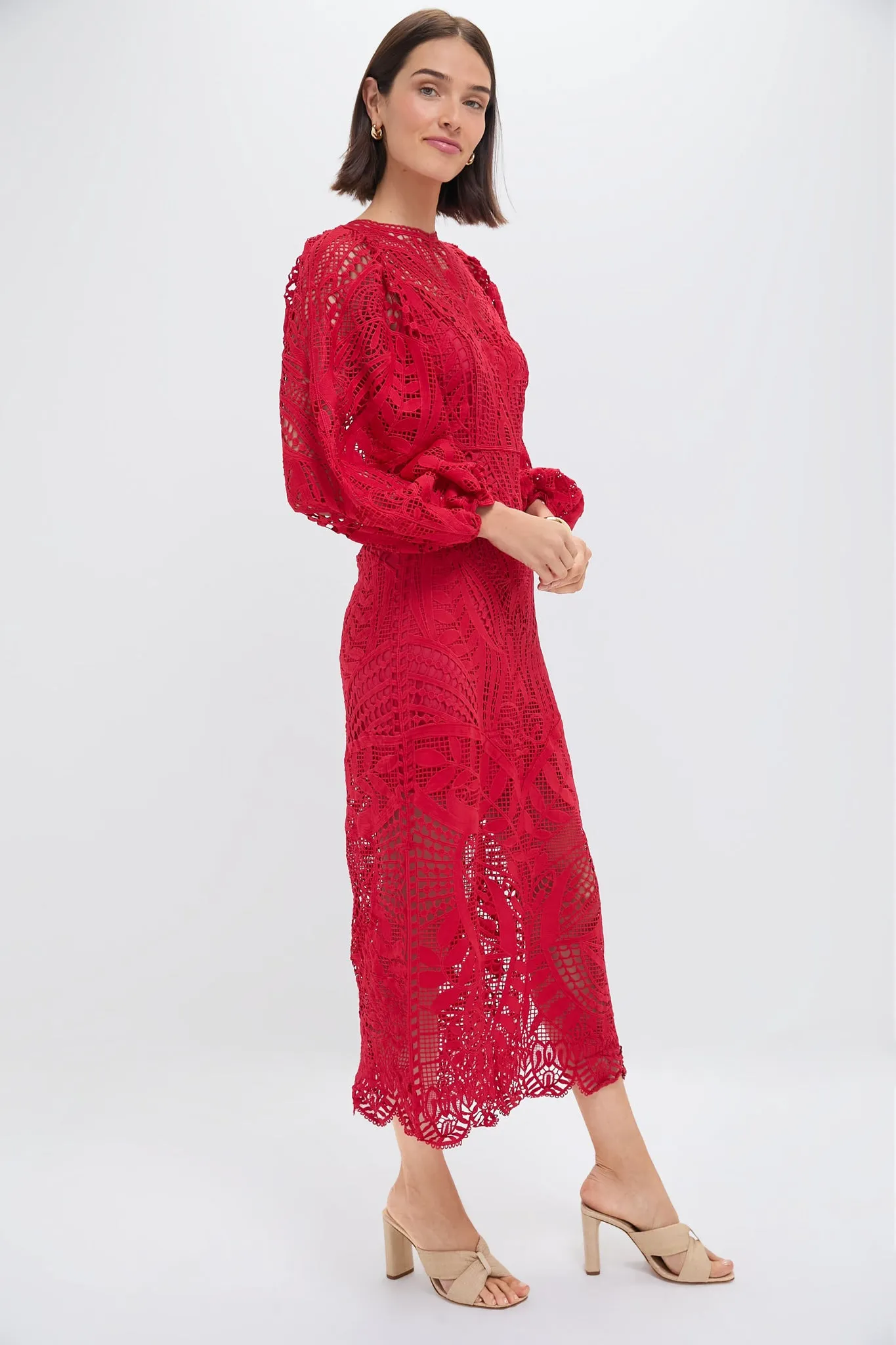 Red Nature Guipure Midi Dress