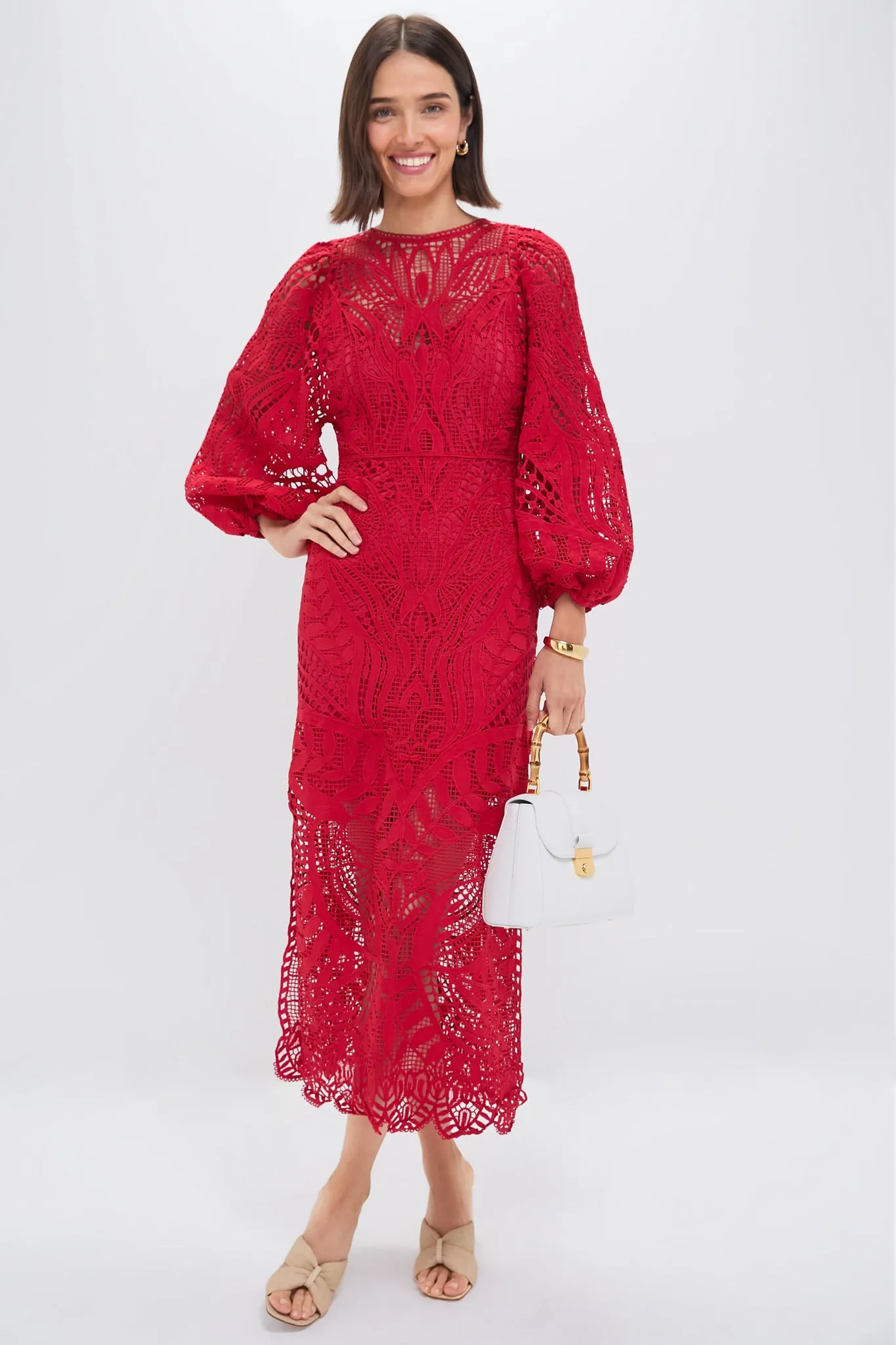 Red Nature Guipure Midi Dress