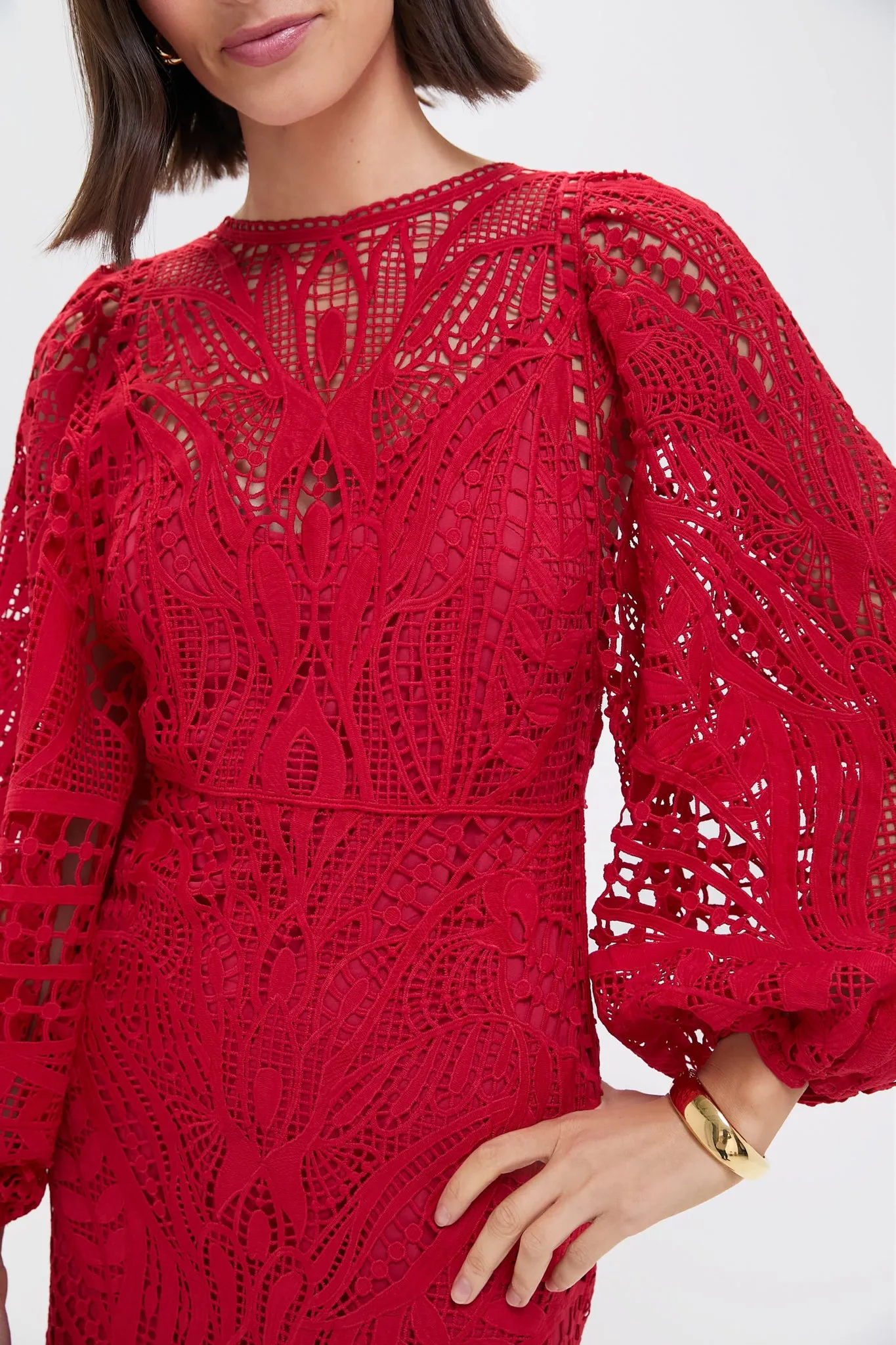 Red Nature Guipure Midi Dress