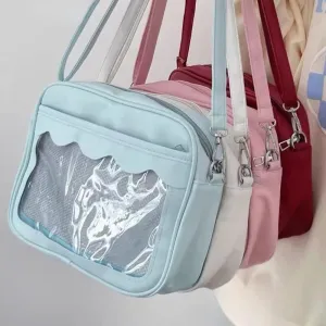 Sohiwoo Cute Square Womens Shoulder Bag Pu Leather Transparent Lolita Jk Simple Casual Ita Bag Japanese Style Daily Kawaii Handbag Ita Bag