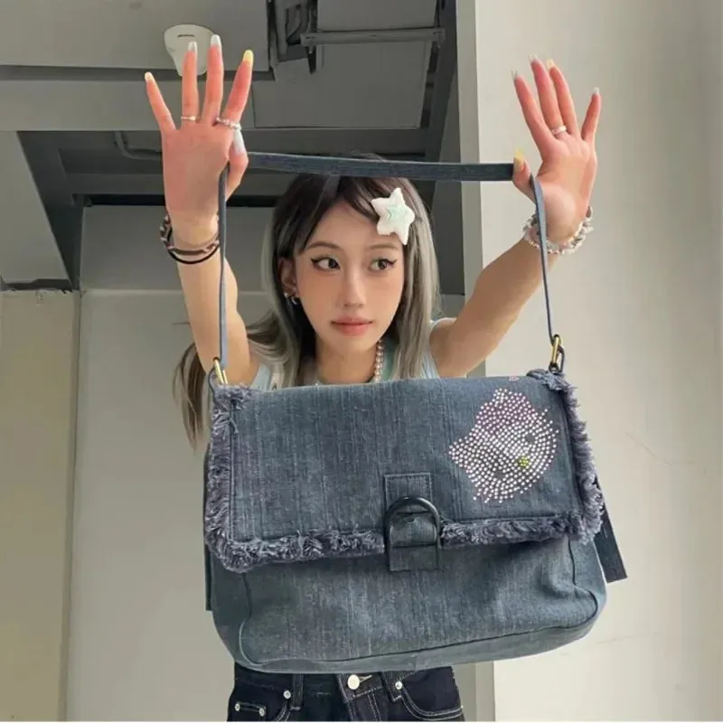 Sohiwoo Hello Kitty Vintage Shoulder Bag for Women Y2k Denim American Style Original Armpit Bag Literary Harajuku Fashion Handbag