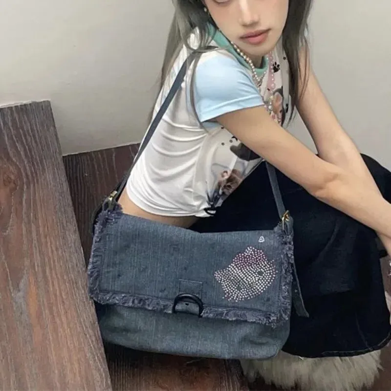 Sohiwoo Hello Kitty Vintage Shoulder Bag for Women Y2k Denim American Style Original Armpit Bag Literary Harajuku Fashion Handbag