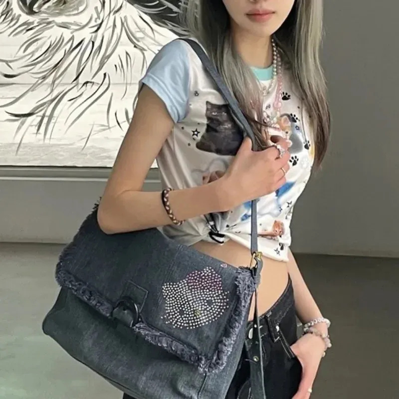 Sohiwoo Hello Kitty Vintage Shoulder Bag for Women Y2k Denim American Style Original Armpit Bag Literary Harajuku Fashion Handbag