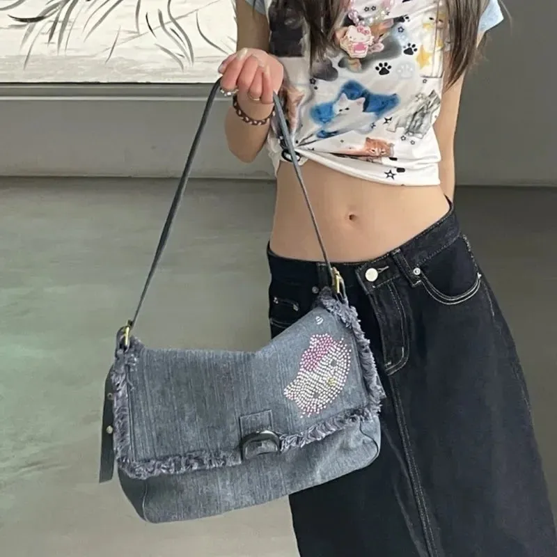 Sohiwoo Hello Kitty Vintage Shoulder Bag for Women Y2k Denim American Style Original Armpit Bag Literary Harajuku Fashion Handbag