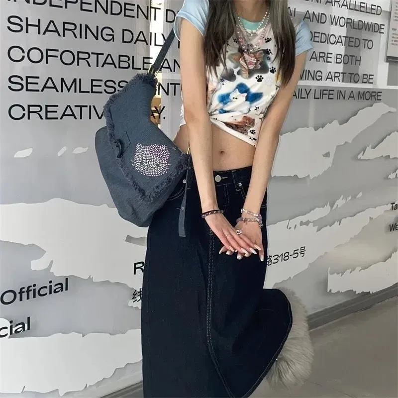 Sohiwoo Hello Kitty Vintage Shoulder Bag for Women Y2k Denim American Style Original Armpit Bag Literary Harajuku Fashion Handbag