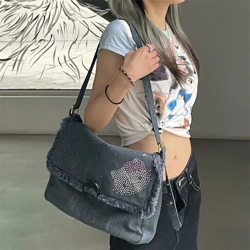 Sohiwoo Hello Kitty Vintage Shoulder Bag for Women Y2k Denim American Style Original Armpit Bag Literary Harajuku Fashion Handbag