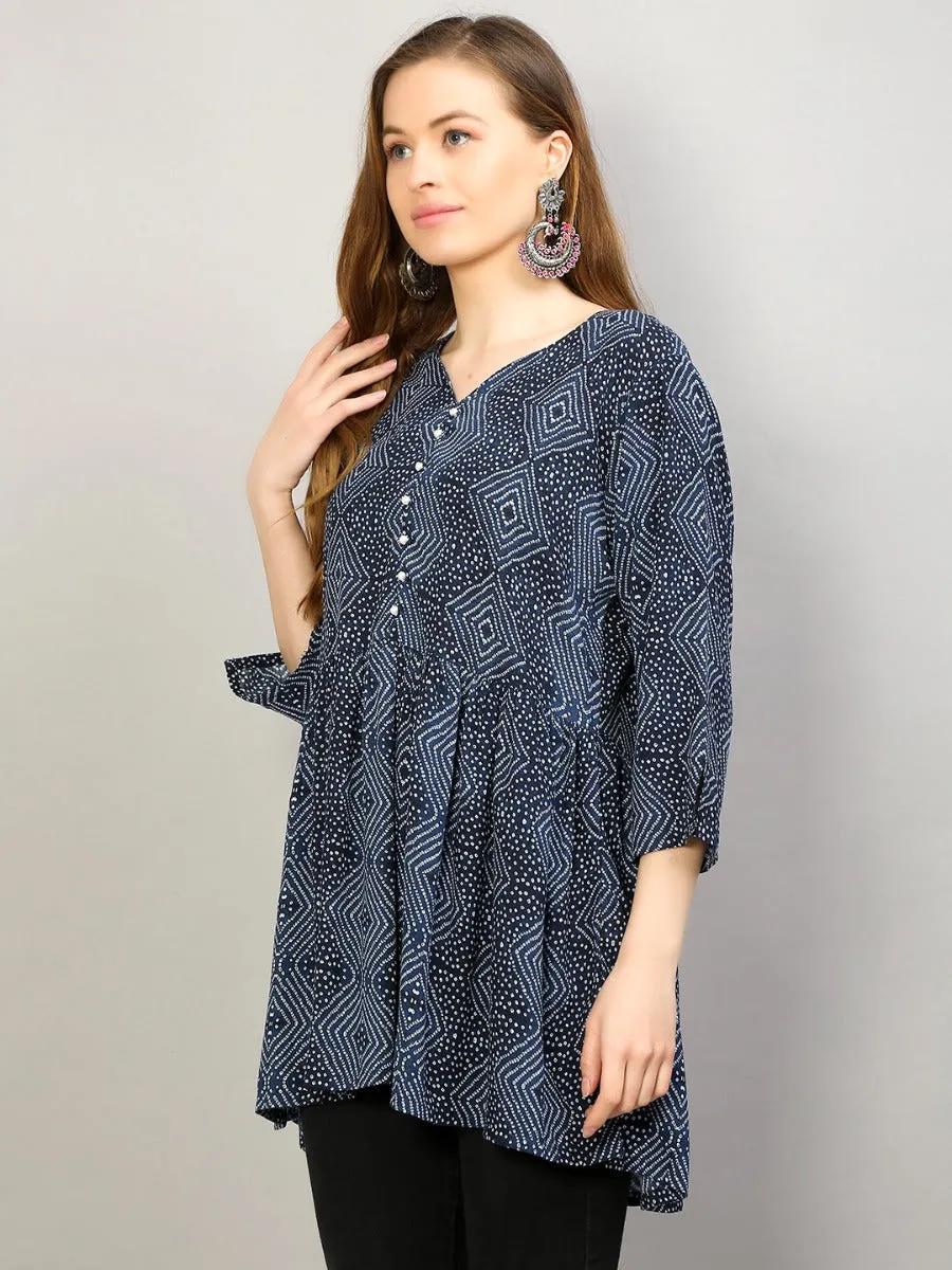 Women Navy Blue Ornamental Printed Tunic
