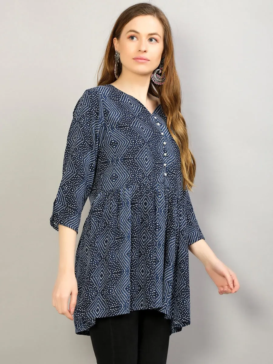 Women Navy Blue Ornamental Printed Tunic