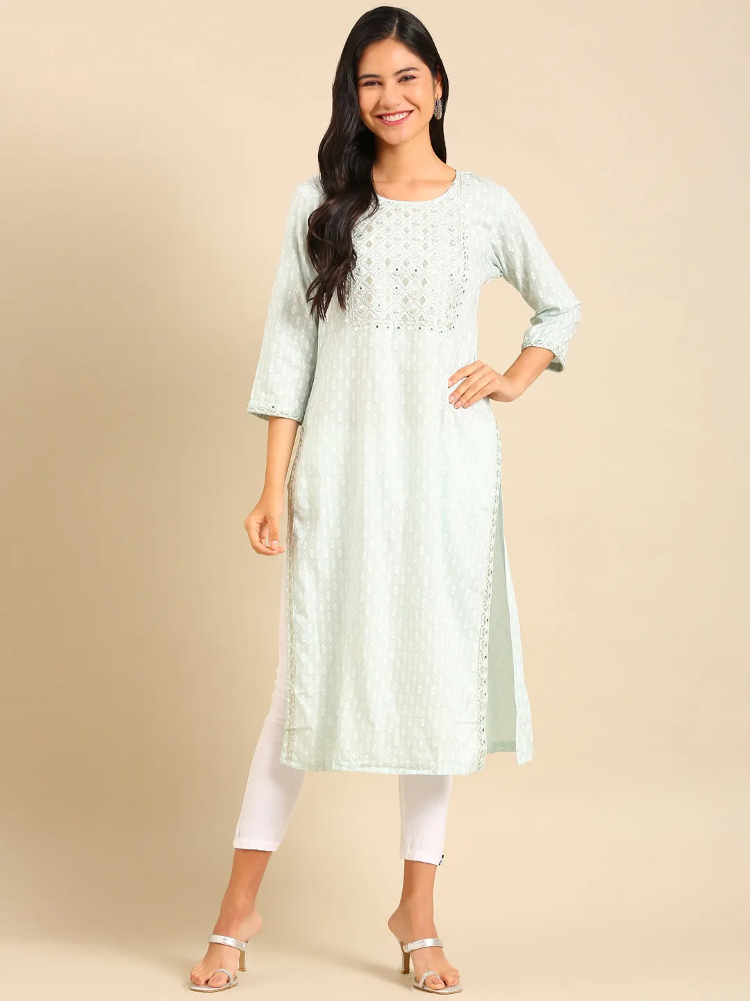 Women's Sea Green Printed Straight Kurta