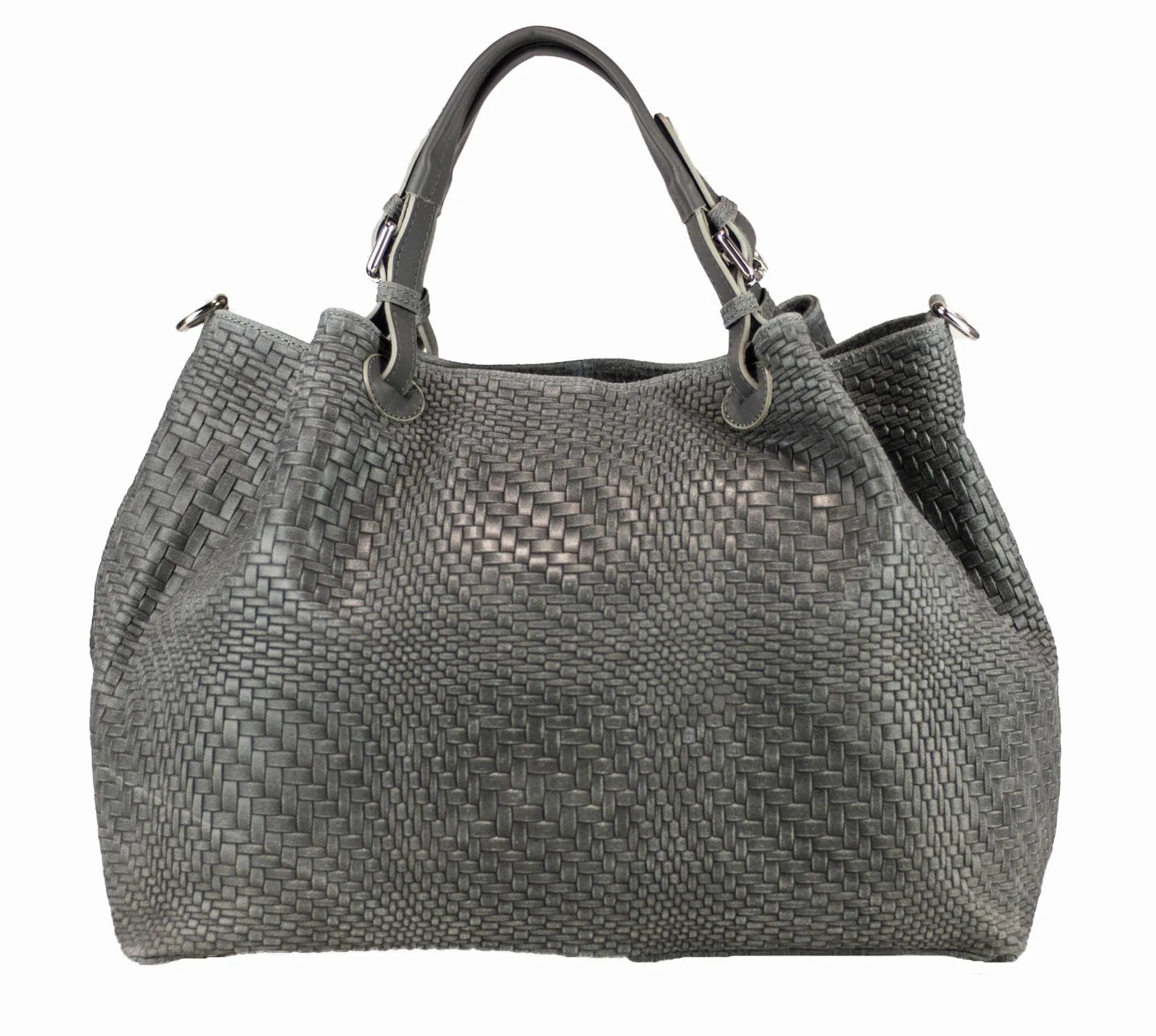 Woven Braided Pattern Dark Gray Leather Large Handbag Handmade In Italy