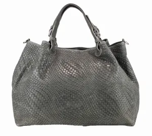 Woven Braided Pattern Dark Gray Leather Large Handbag Handmade In Italy