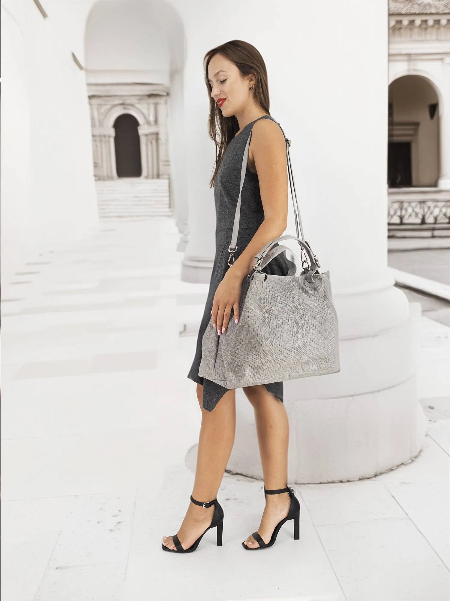 Woven Braided Pattern Dark Gray Leather Large Handbag Handmade In Italy