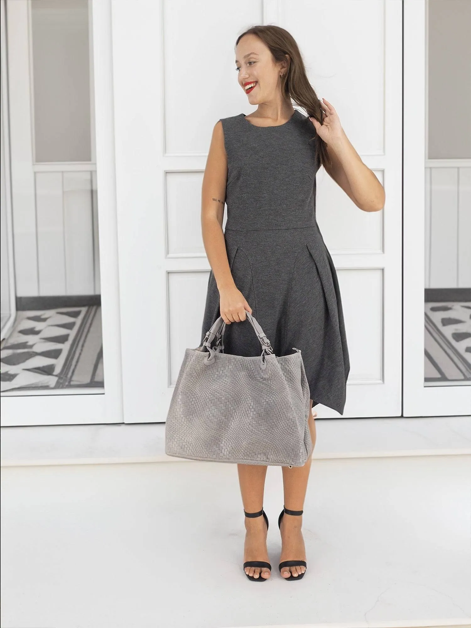Woven Braided Pattern Dark Gray Leather Large Handbag Handmade In Italy