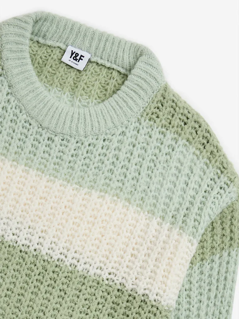Y&F Kids Sage Stripe Printed Knitted Sweater